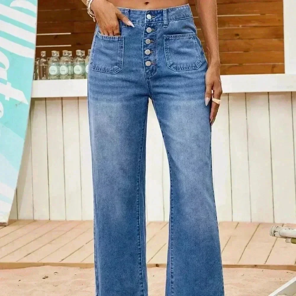 Medium Wash Casual Women's Loose Fitting Straight Leg Casual Blue Denim Jeans